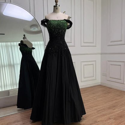 Luxury Beaded Black Green Off Shoulder Dubai Evening Dress for Party LA72406 - SERENE HILL