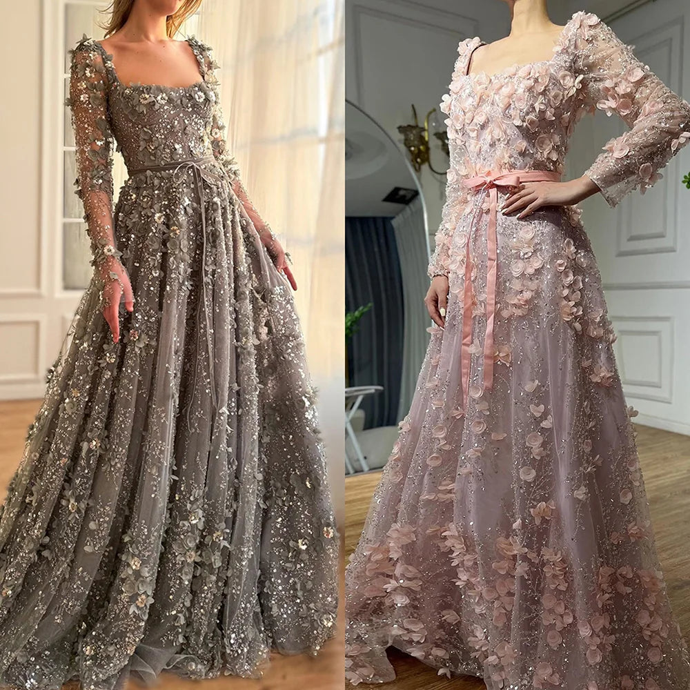 Luxury Arabic Gray A Line Elegant 3D Flower Evening Dress Long Sleeve LA72657 - SERENE HILL