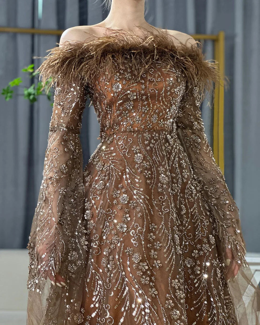 Off Shoulder Feathers Brown Evening Dress with Cape Sleeves LA72401 - SERENE HILL