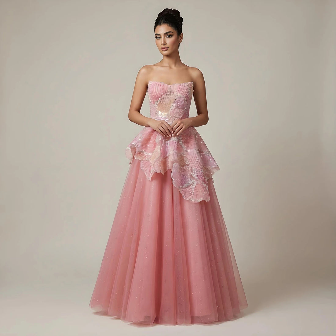 Luxury Peach Floral Appliqué A-Line Sparkly Evening Dress LA73185 - SERENE HILL