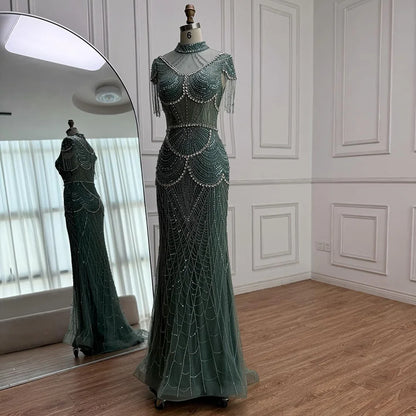 Luxury Turquoise High Neck Beaded Tassel Evening Dress for Women LA73112 - SERENE HILL