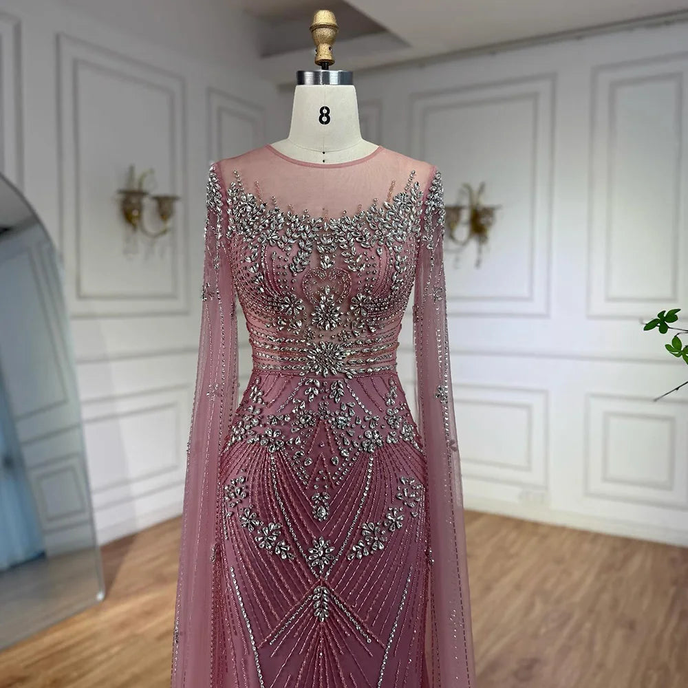 Luxury Pink Arabic Crystal Beaded Mermaid Evening Dress with Cape Sleeves LA73137 - SERENE HILL