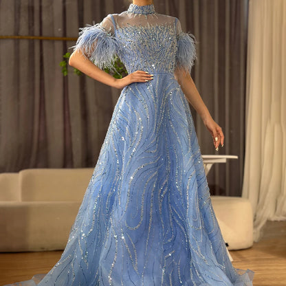 Serene Hill 2025 Arabic blue A Line Short Sleeveless Luxury Evening Dresses Beaded Feathers For Women Wedding Party LA72351 - SERENE HILL