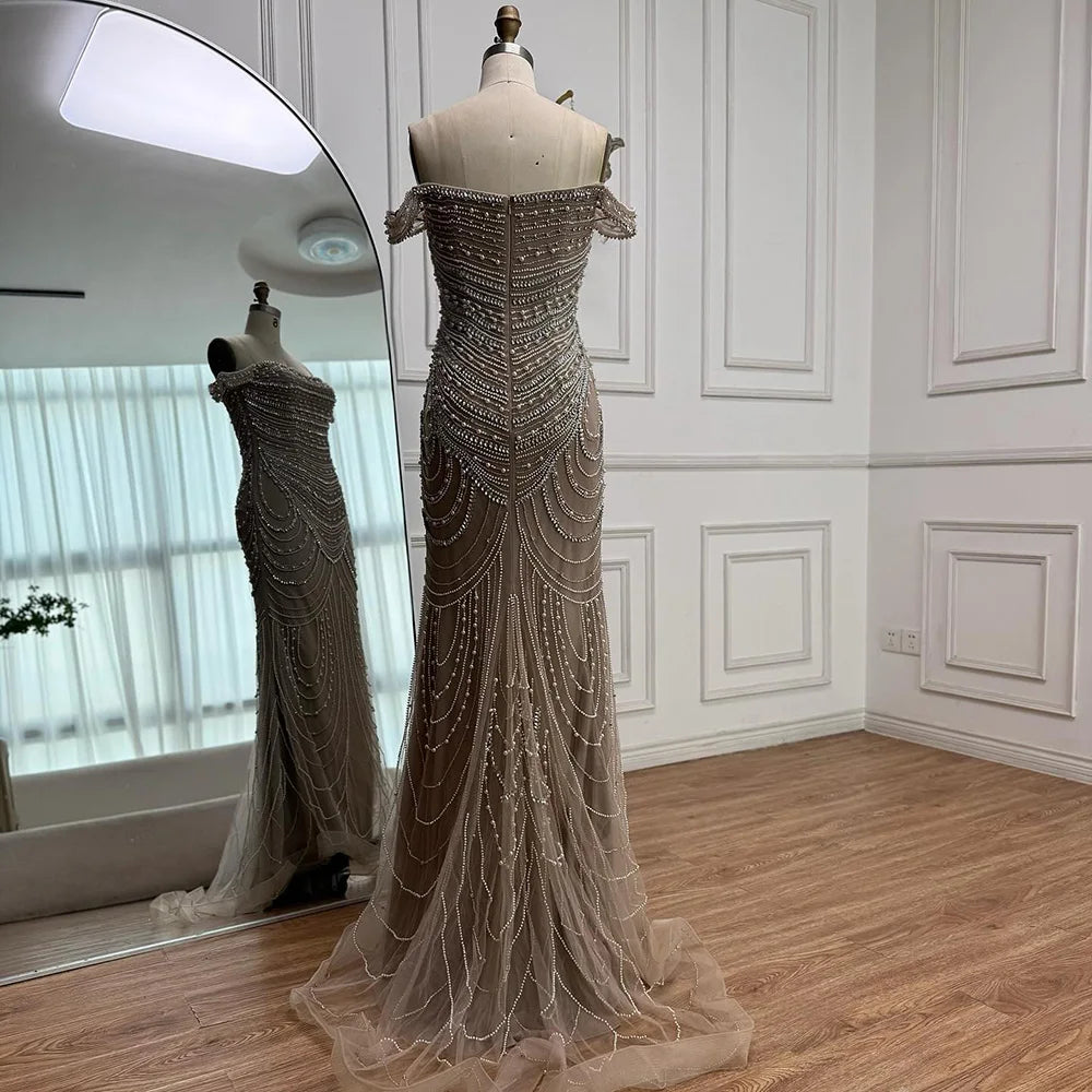 Luxury Arabic Caramel Beaded Mermaid Evening Dress with Pearls SERENE HILL LA72253C - SERENE HILL