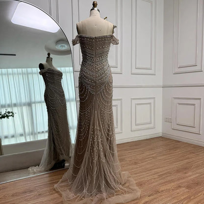 Luxury Arabic Caramel Beaded Mermaid Evening Dress with Pearls SERENE HILL LA72253C - SERENE HILL