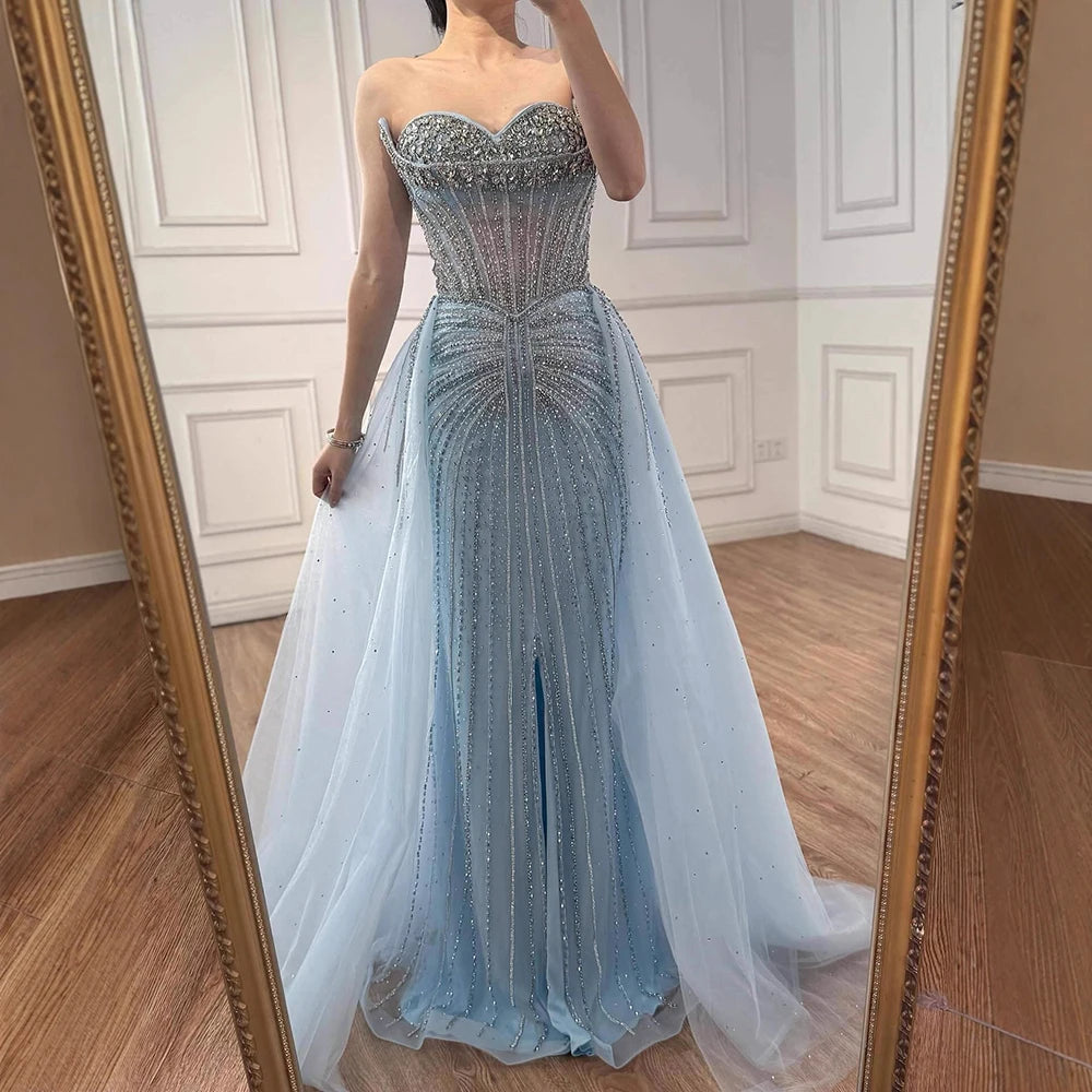 Luxury Dubai Nude Beaded Mermaid Evening Dress with Overskirt LA72811 - SERENE HILL