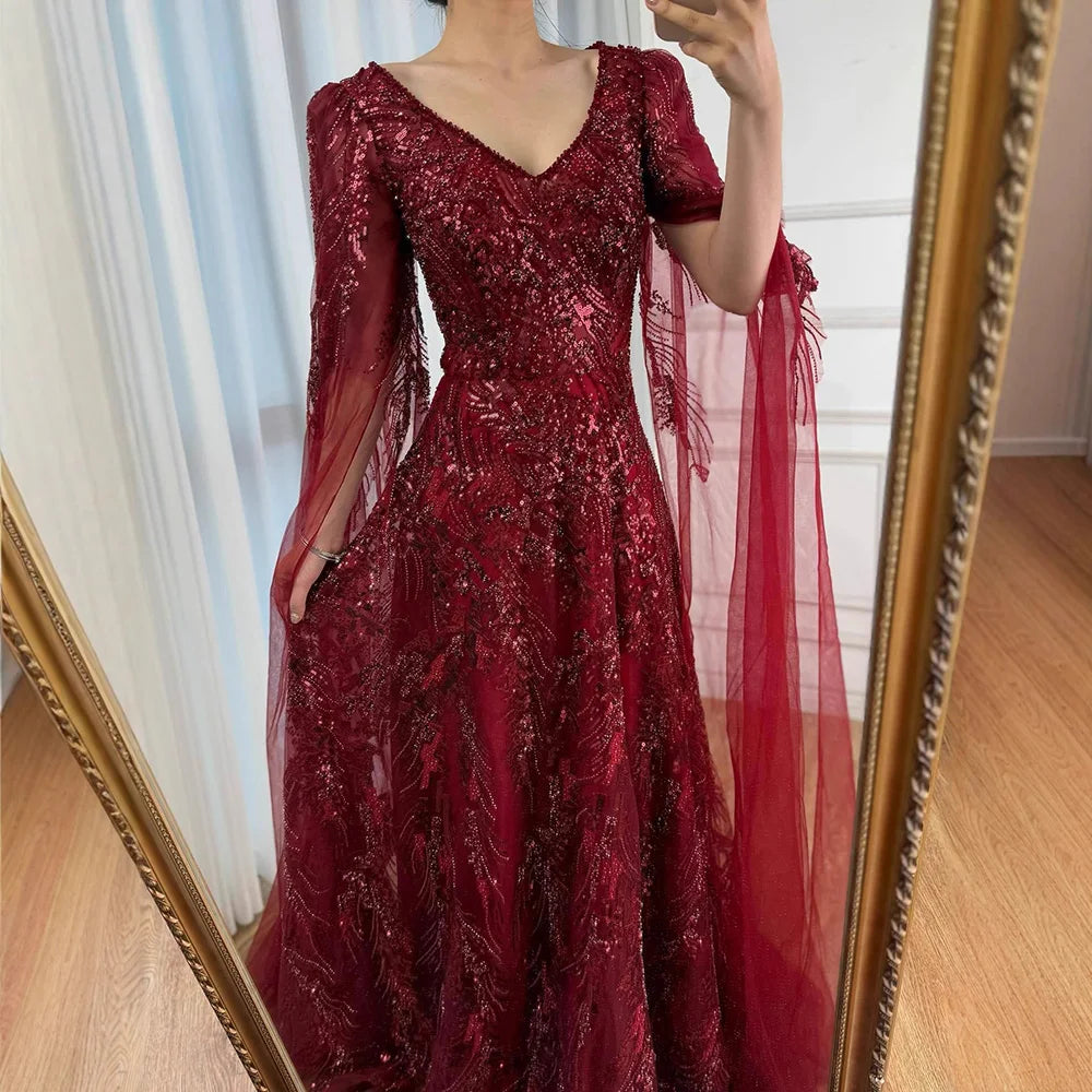 Luxury Wine Red A-Line Luxury Beaded Evening Dress with Cape LA73127 - SERENE HILL