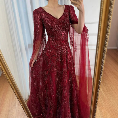 Luxury Wine Red A-Line Luxury Beaded Evening Dress with Cape LA73127 - SERENE HILL