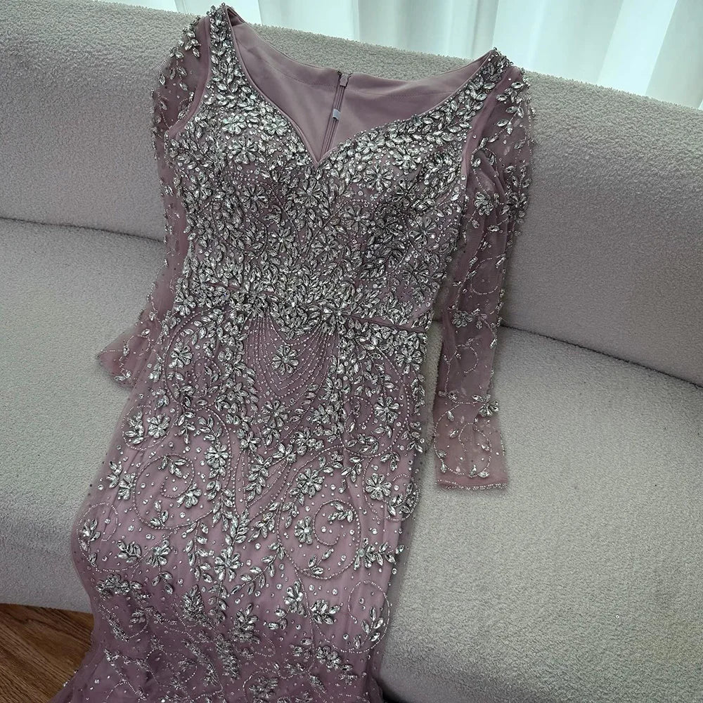 Luxury Nude Beaded Crystal Evening Dress with Long Sleeves LA73042 - SERENE HILL