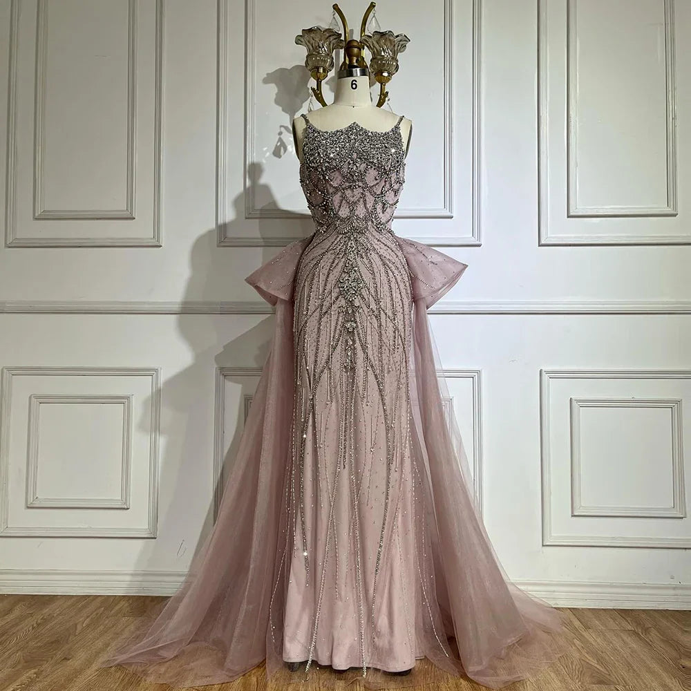 Luxury Dubai Nude Saudi Beaded Spaghetti Strap Evening Dress with Overskirt LA72810 - SERENE HILL
