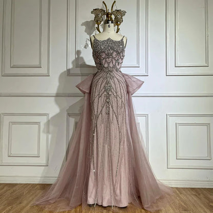 Luxury Dubai Nude Saudi Beaded Spaghetti Strap Evening Dress with Overskirt LA72810 - SERENE HILL