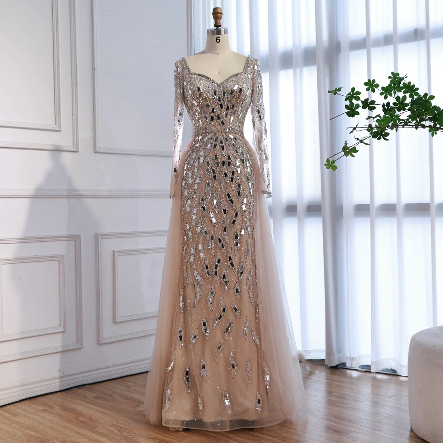 Luxury Arabic Nude Long Sleeve Mermaid Evening Dress LA73113A - SERENE HILL