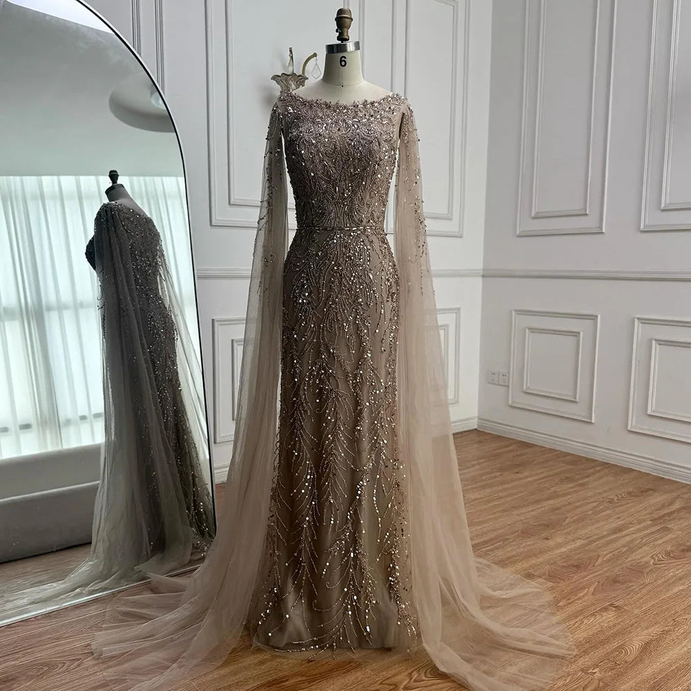 Luxury Caramel Beaded Evening Dress with Cape Sleeves LA73078 - SERENE HILL