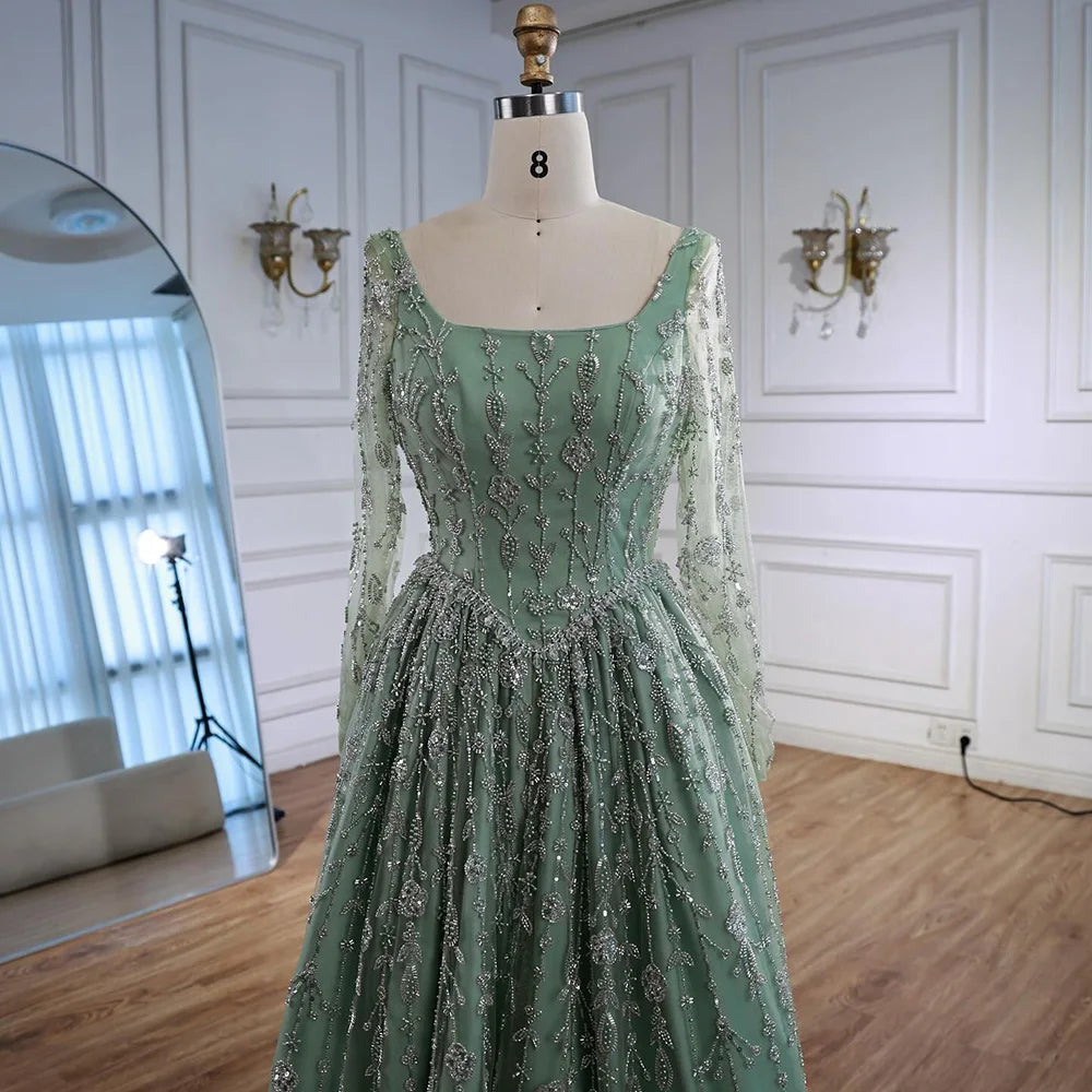 Luxury Sage Green Beaded Evening Dress with Long Sleeves LA72805B - SERENE HILL