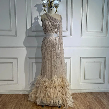 Elegant Nude One Shoulder Feather Beaded Mermaid Evening Dress LA71096 - SERENE HILL