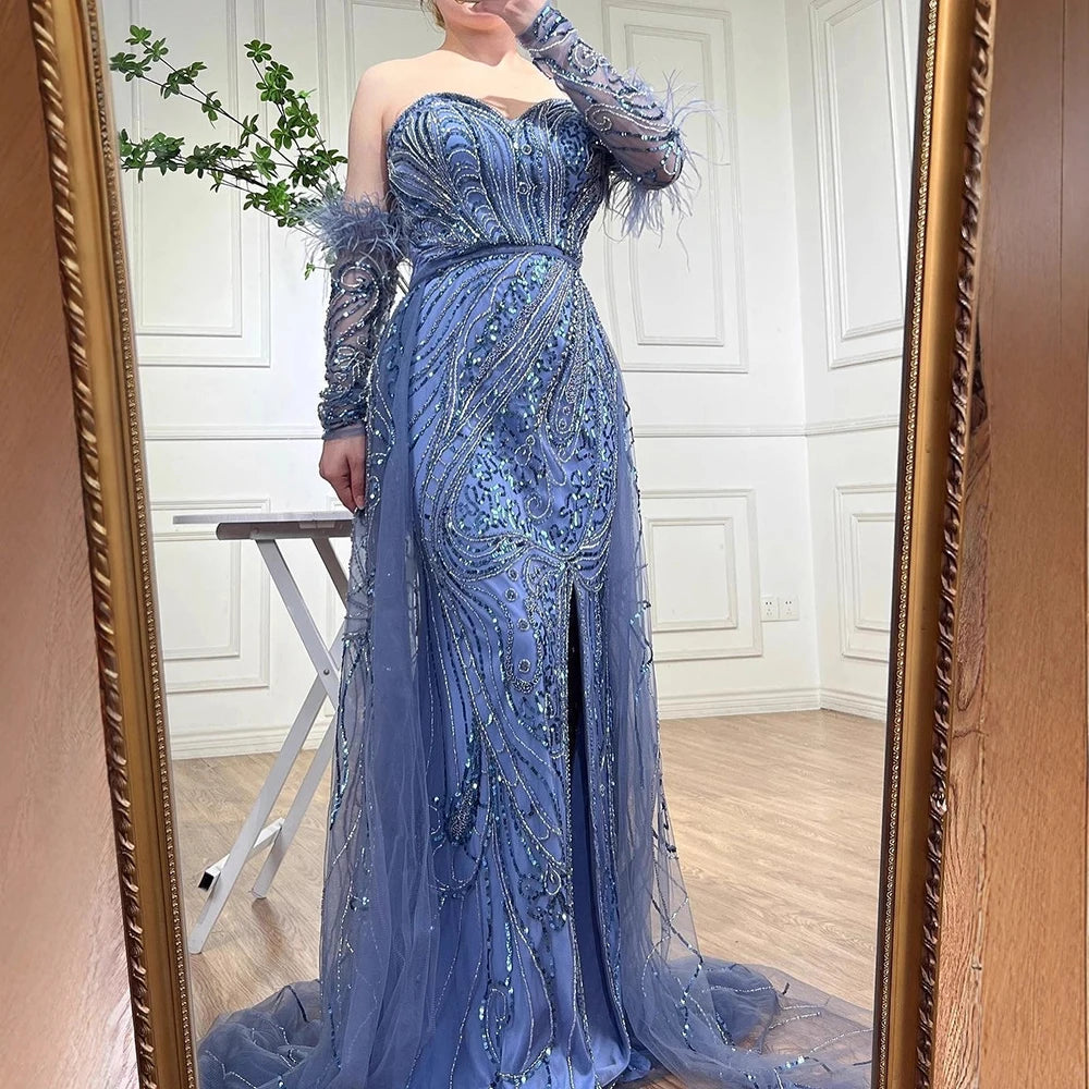 Luxury Arabic Nude Mermaid High Split Feather Beaded Evening Dress LA71910 - SERENE HILL