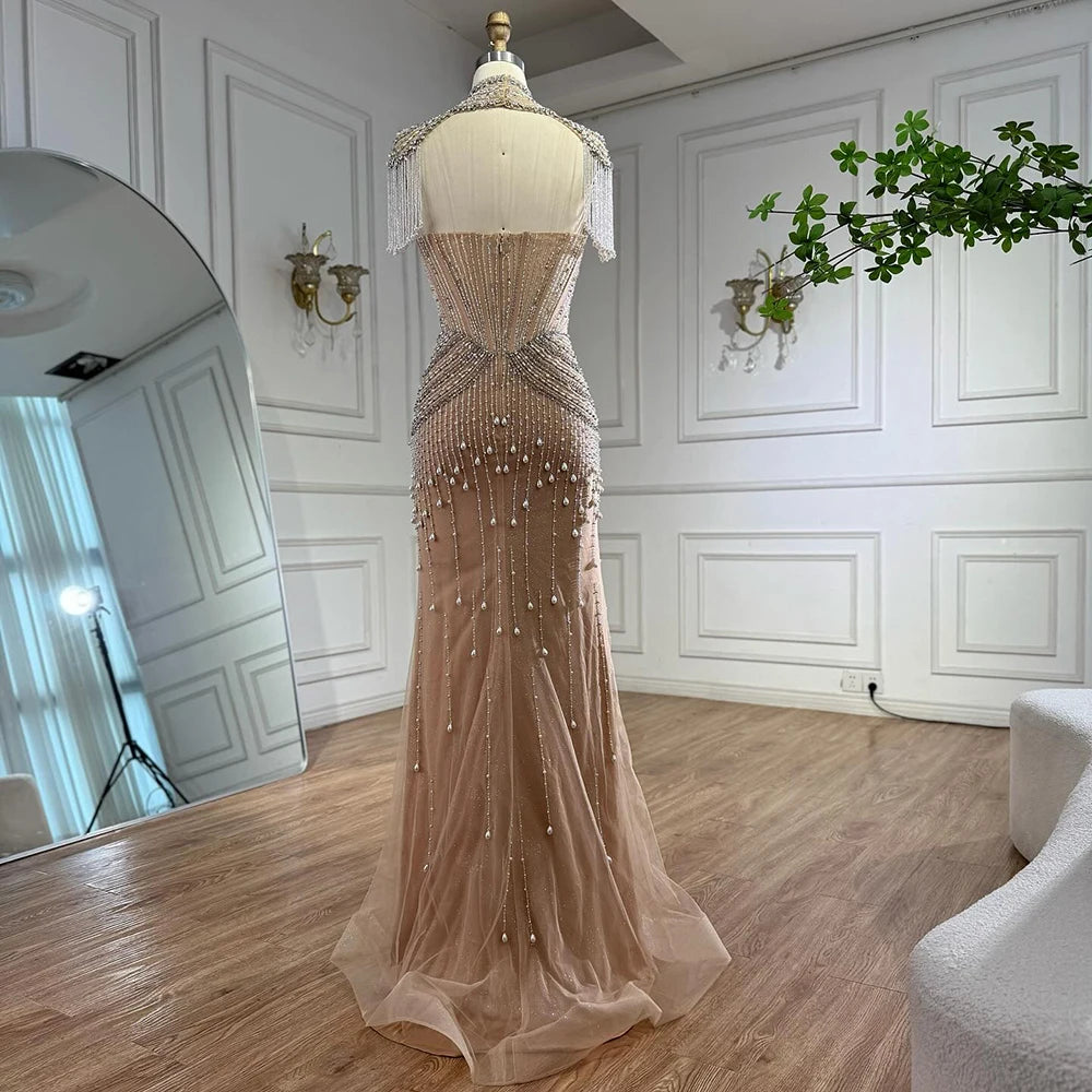 Luxury Nude Pearl Beaded Tassel Mermaid Evening Dress LA73183 - SERENE HILL