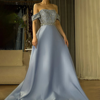 Luxury Dubai Saudi Arabic Elegant Blue Off-the-Shoulder A-Line Beaded Long Evening Gown for Formal Occasion LA72753 - SERENE HILL