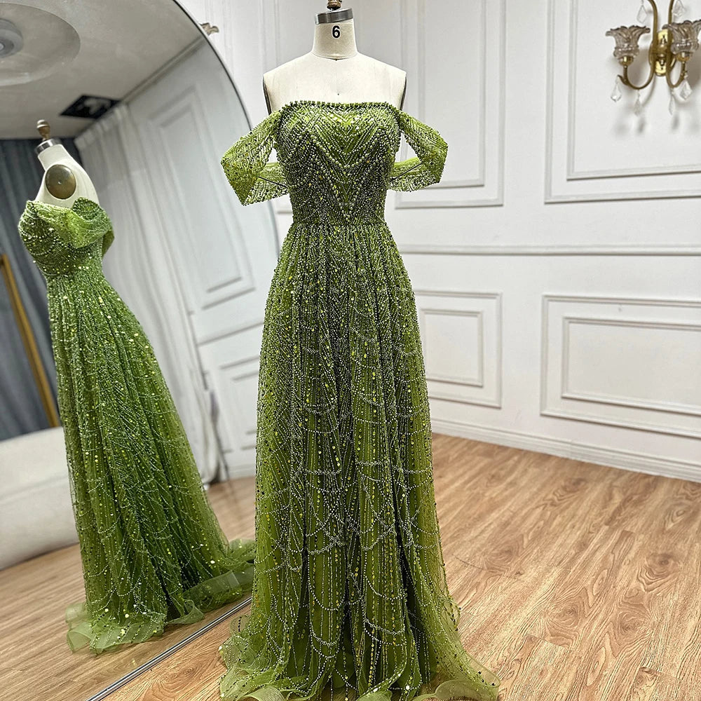 Luxury Beaded Champagne Off-Shoulder Evening Dress LA72738 - SERENE HILL
