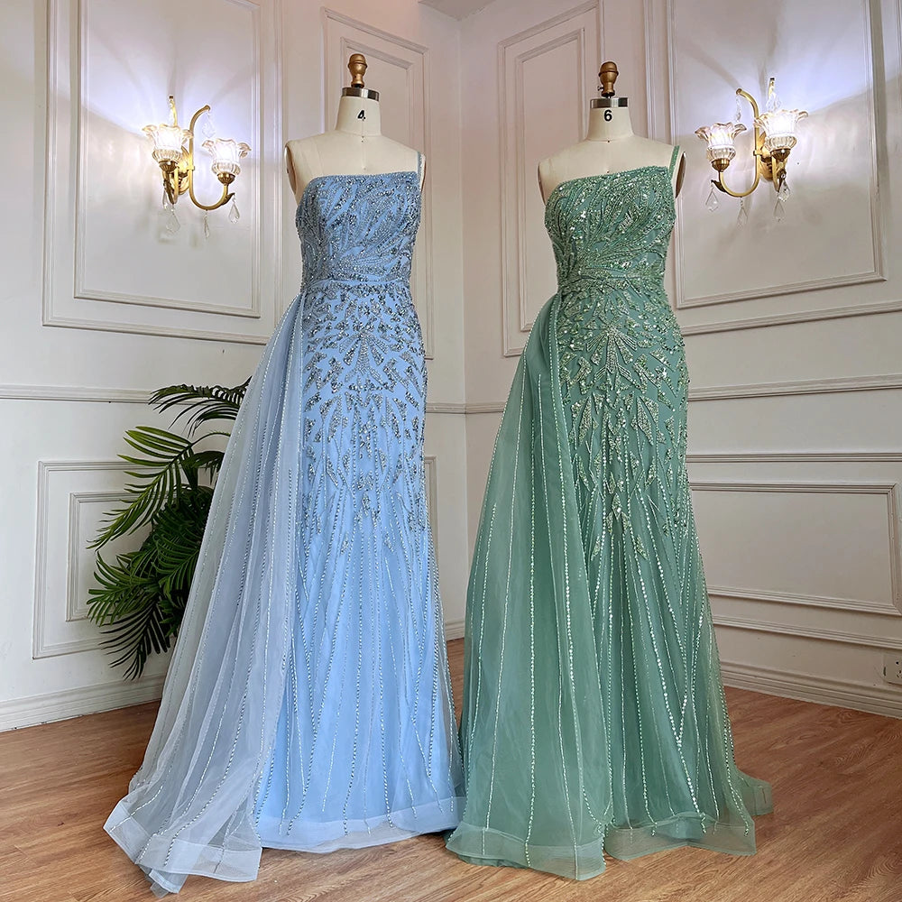 Luxury Blue One Shoulder Beaded Mermaid Evening Gown with Overskirt LA71730 - SERENE HILL