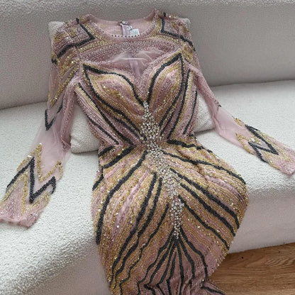 Luxury Pink Modest Dubai Mermaid Evening Dress Long Sleeevs 2026 LA73213 - SERENE HILL