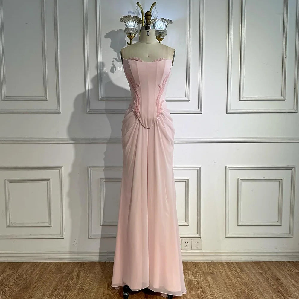 Pink Draped Satin Evening Dress with Rose Neck LA72946 - SERENE HILL