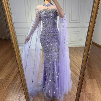 Luxury Nude Beaded Evening Dress with Long Cape Sleeves LA72714A - SERENE HILL