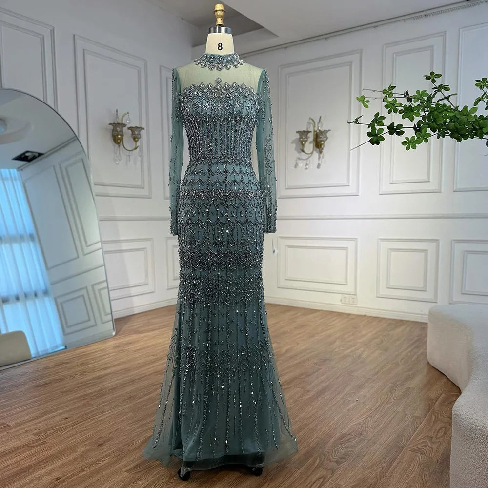 Luxury Arabic Turquoise Beaded Mermaid Evening Dress Long Sleeve LA72714C - SERENE HILL