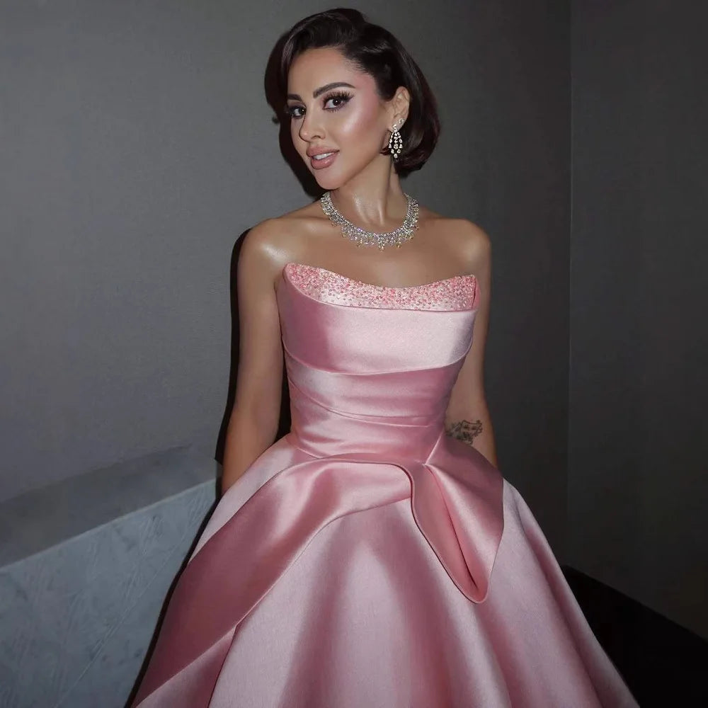 Luxury Pink Satin A Line Evening Dress with Bow Gown LA72916 - SERENE HILL