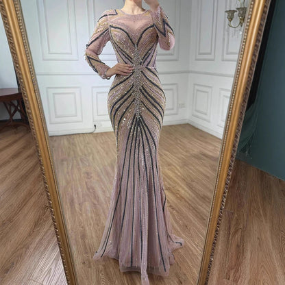 Luxury Pink Modest Dubai Mermaid Evening Dress Long Sleeevs 2026 LA73213 - SERENE HILL
