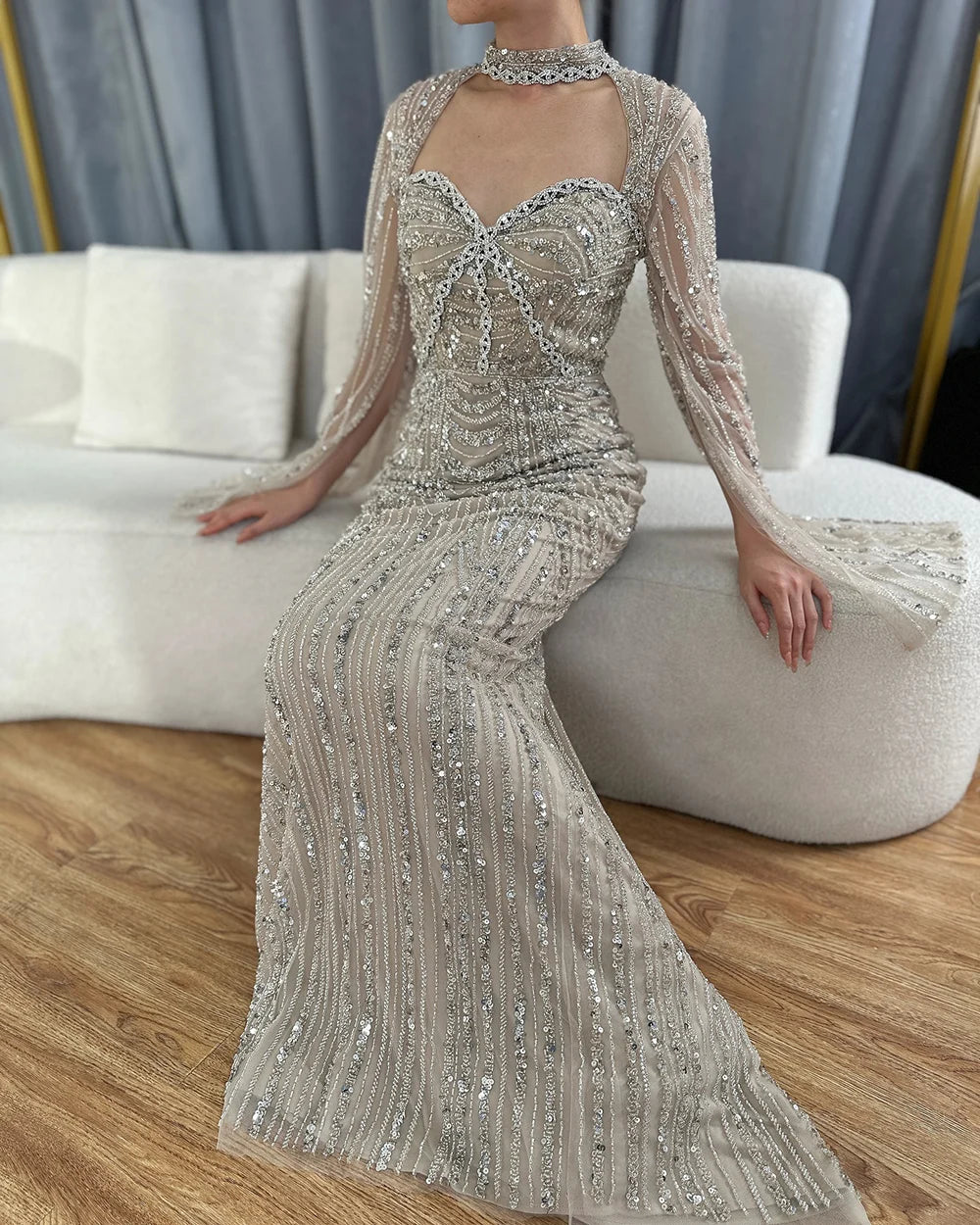 Serene Hill Luxury Dubai Nude Sweetheart Mermaid Beaded Evening Gowns with Back Split for Women&