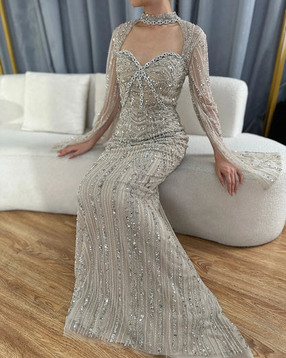 Serene Hill Luxury Dubai Nude Sweetheart Mermaid Beaded Evening Gowns with Back Split for Women&