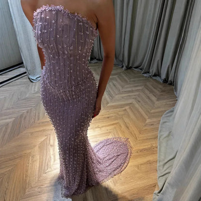 Elegant Crystal Beaded Lilac Mermaid Evening Gown LA72950 - SERENE HILL