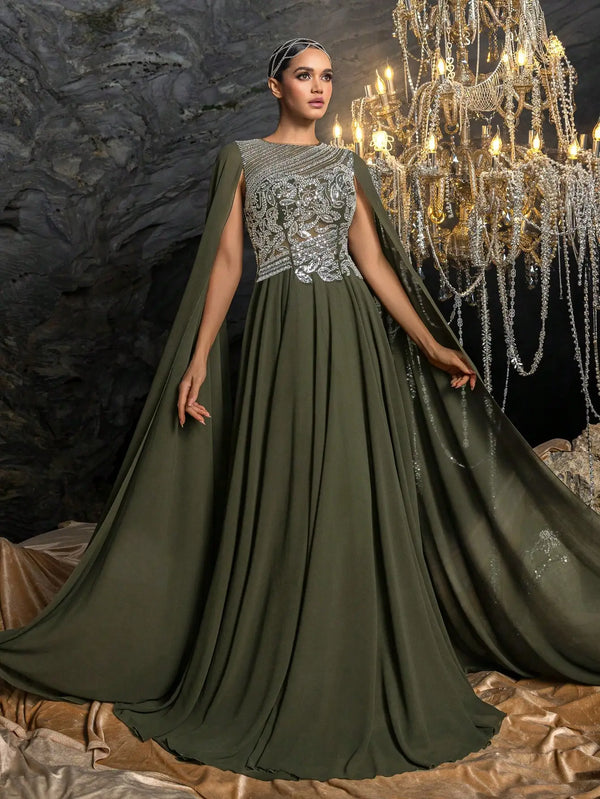 Elegant Olive Green A-Line Chiffon Evening Dress For Occasion LA73273