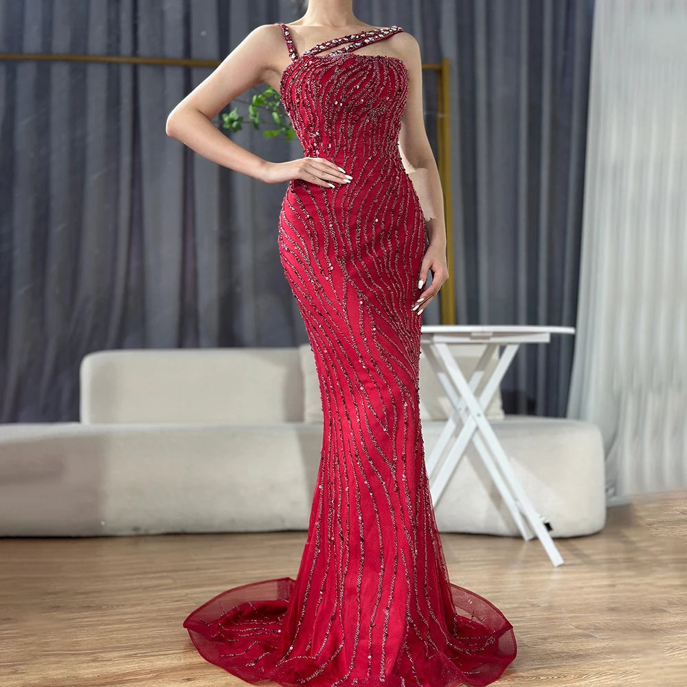 Serene Hill Green One Shoulder Mermaid Elegant Beaded Luxury Red Evening Dress Gown for Women&