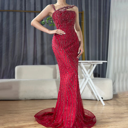 Serene Hill Green One Shoulder Mermaid Elegant Beaded Luxury Red Evening Dress Gown for Women&