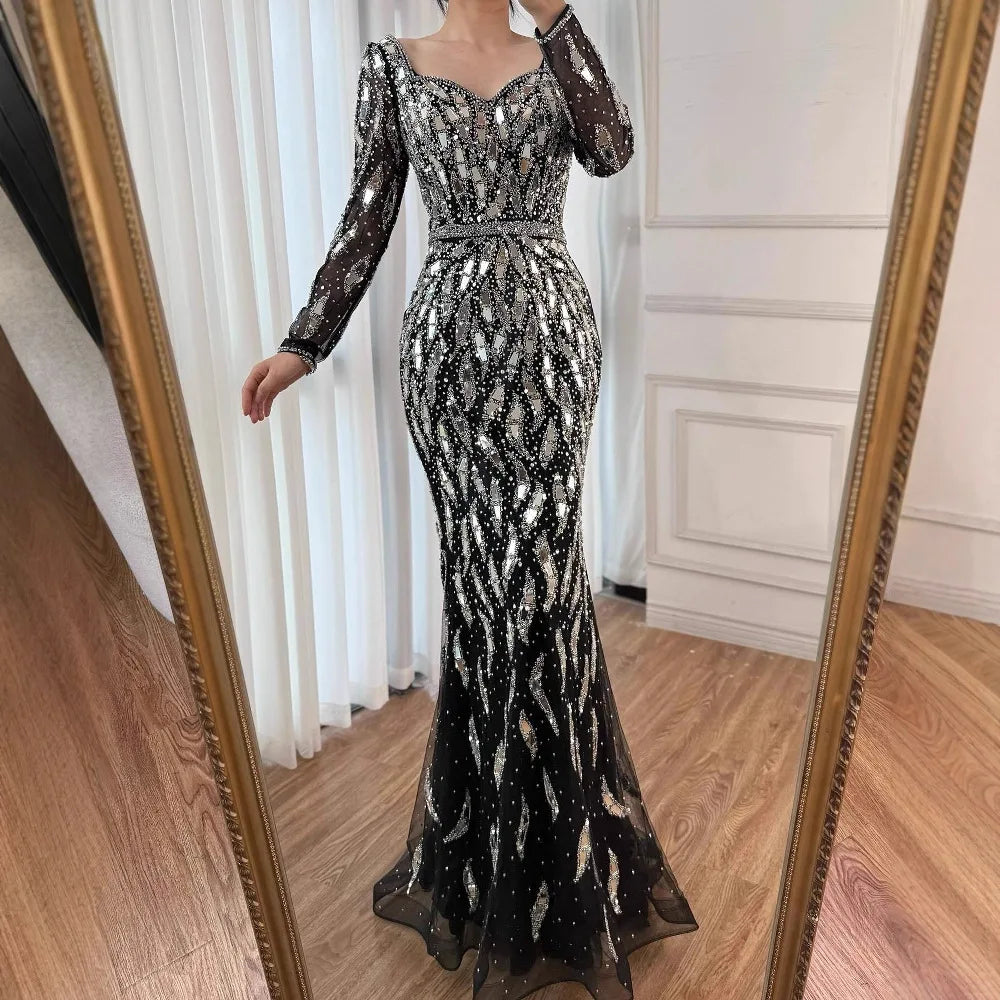 Luxury Black Silver Sequin Long Sleeve Mermaid Evening Dress LA73113 - SERENE HILL