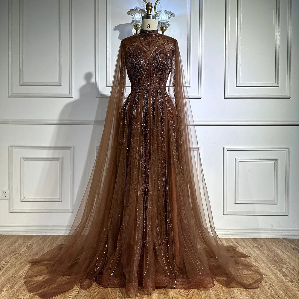Luxury Brown Beaded Evening Gown with Cape Arabic Style LA72951 - SERENE HILL