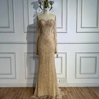 Luxury Arabic Lace Beaded Mermaid Evening Dress with Sleeves LA72545 - SERENE HILL