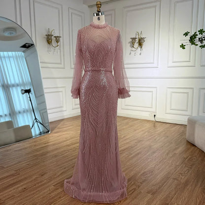 Modest Gray High Neck Mermaid Evening Dress with Long Sleeves LA71690A - SERENE HILL
