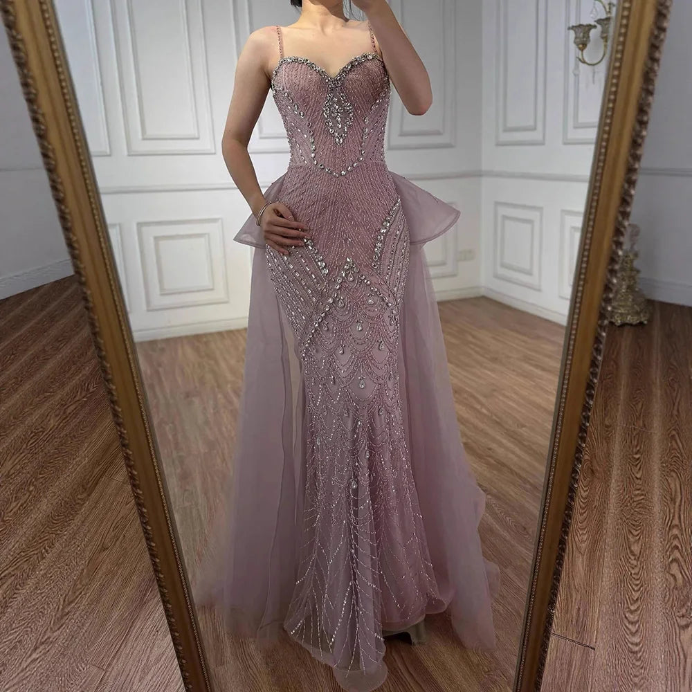 Luxury Pink Crystal Beaded Mermaid Evening Dress with Overskirt LA73143 - SERENE HILL