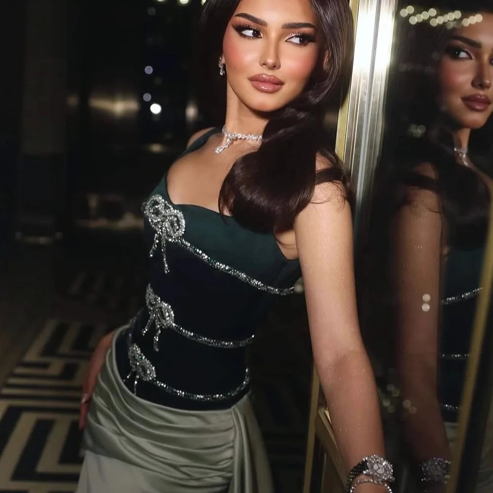Designer Arabic Green Satin Beaded Evening Dress with Overskirt LA73057 - SERENE HILL