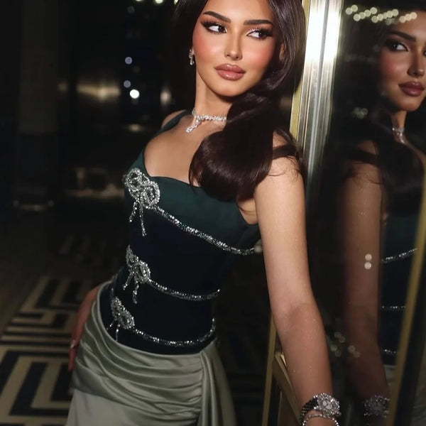 Designer Arabic Green Satin Beaded Evening Dress with Overskirt LA73057