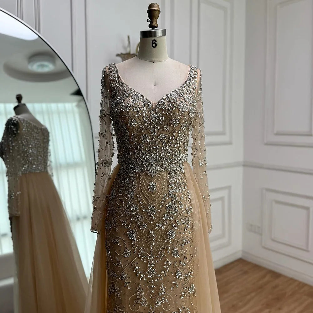 Luxury Nude Beaded Mermaid Evening Dress with Overskirt LA73042A - SERENE HILL