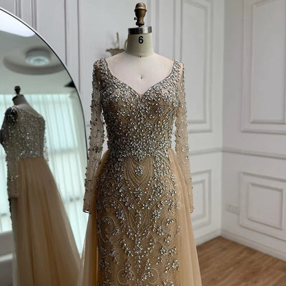 Luxury Nude Beaded Mermaid Evening Dress with Overskirt LA73042A - SERENE HILL