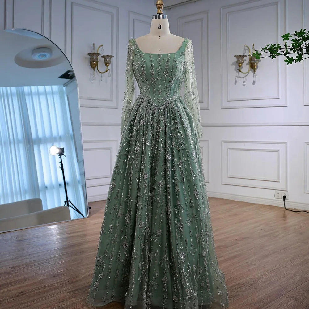 Luxury Sage Green Beaded Evening Dress with Long Sleeves LA72805B - SERENE HILL