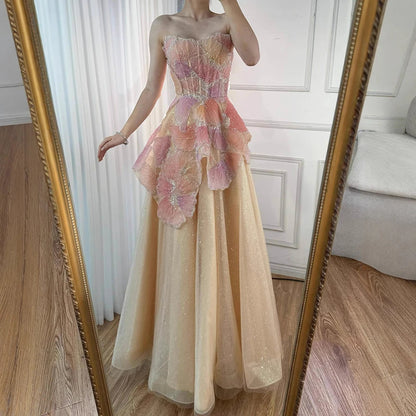 Luxury Peach Floral Appliqué A-Line Sparkly Evening Dress LA73185 - SERENE HILL