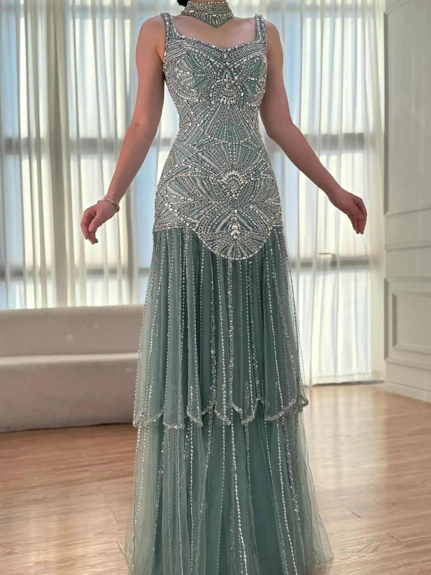 Luxury Turquoise Arabic Mermaid Beaded Evening Dress LA73189B - SERENE HILL