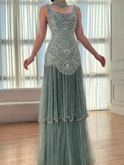 Luxury Turquoise Arabic Mermaid Beaded Evening Dress LA73189B - SERENE HILL