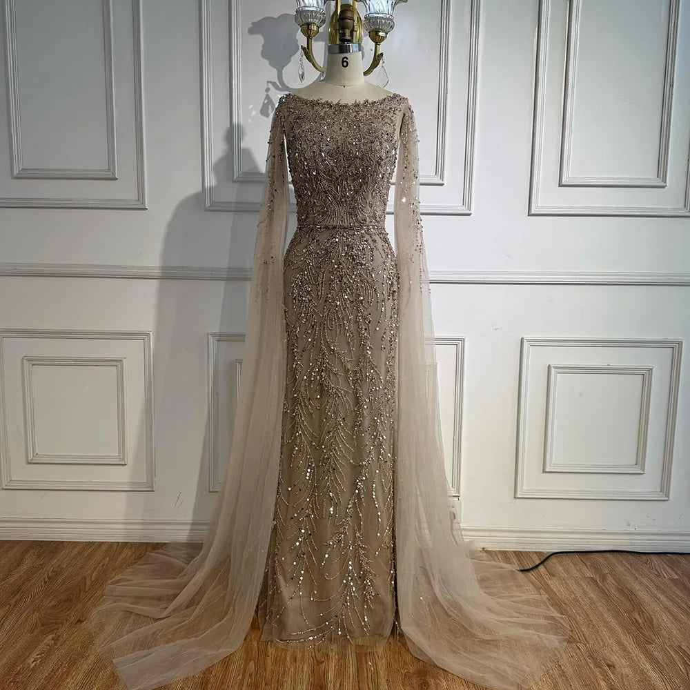 Luxury Caramel Beaded Evening Dress with Cape Sleeves LA73078 - SERENE HILL